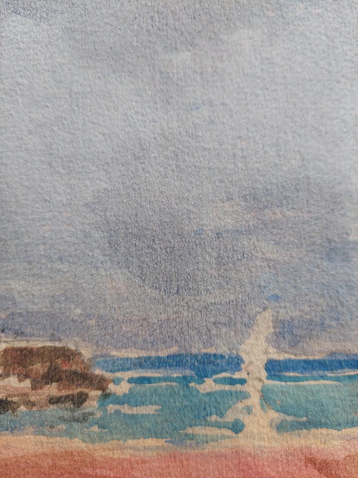 A Summer Day's Sailing
by Maurice Mazeilie (French, 1924-2021)
watercolor painting on artist paper, unframed
unsigned
stamped verso
A summer feel to this sunny image by a small harbour wall in France. Small elements of the artists preparation in