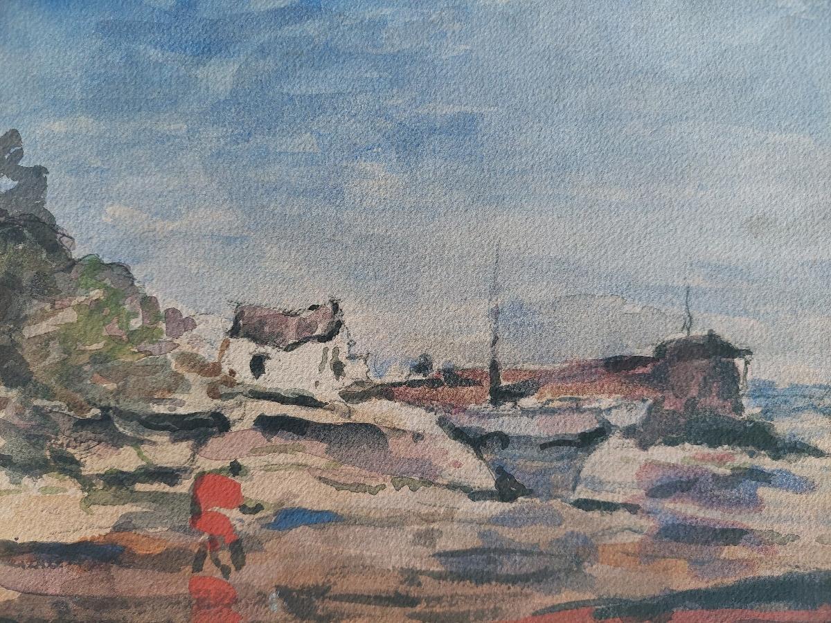Figure by the Harbour
by Maurice Mazeilie (French, 1924-2021)
watercolor painting on artist paper, unframed
unsigned
stamped verso
The addition of the figure in red is a feature Mazeilie often uses in his work, and this really brings the painting