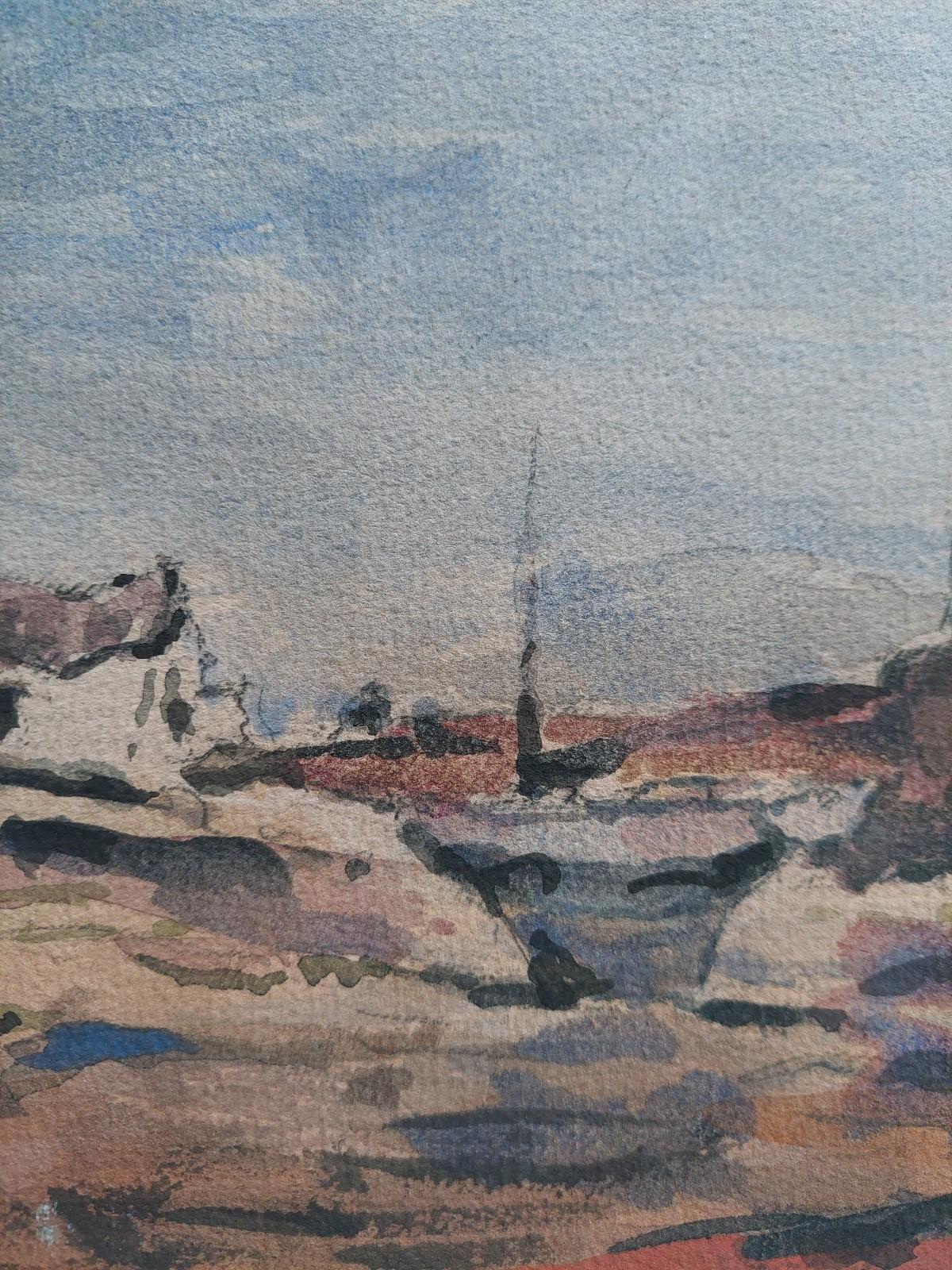 French Modernist Cubist Painting Figure by the Harbour For Sale 2