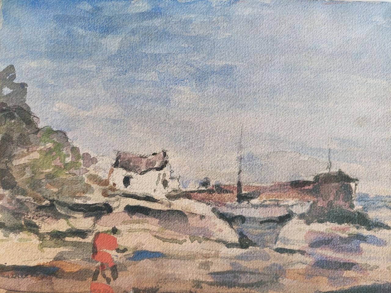 French Modernist Cubist Painting Figure by the Harbour For Sale 4