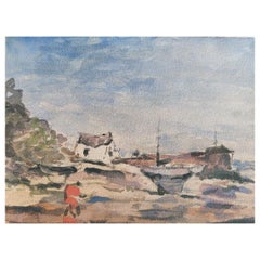 French Modernist Cubist Painting Figure by the Harbour