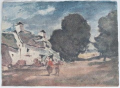 French Modernist Cubist Painting Figures in a Village