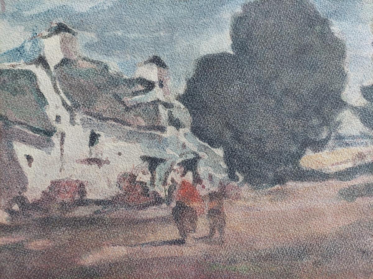 Figures in a Village
by Maurice Mazeilie (French, 1924-2021)
watercolor painting on artist paper, unframed
unsigned
stamped verso
Gentle composition of a rural village scene with figures by a house, Mazeilie's favoured use of red for a figure is