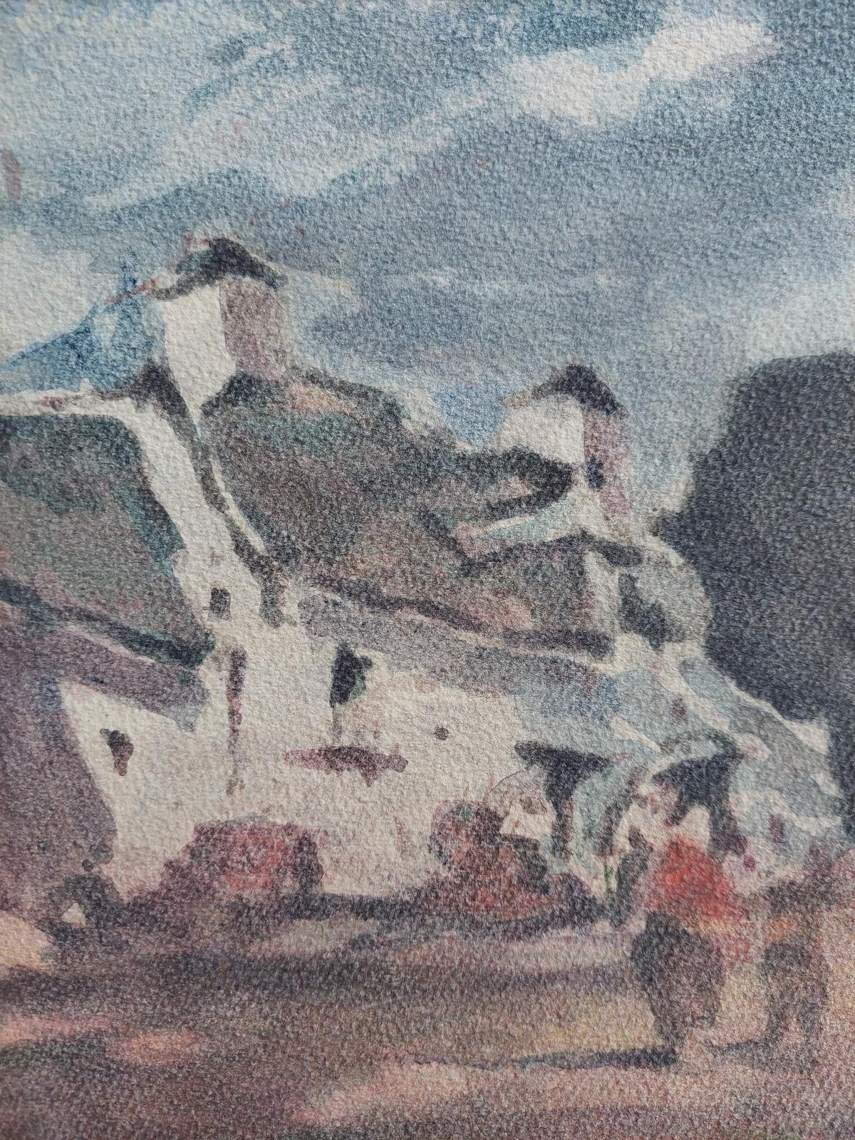 French Modernist Cubist Painting Figures in a Village For Sale 2