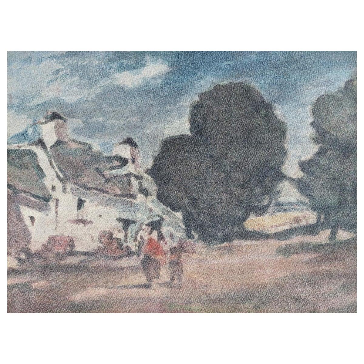 Unknown Landscape Painting - French Modernist Cubist Painting Figures in a Village