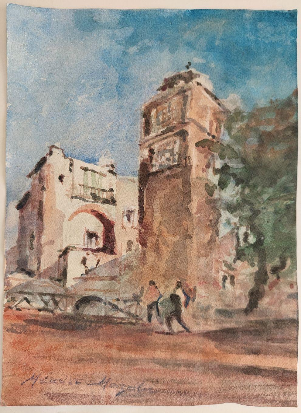 French, Modernist Cubist Painting Figures in Parisian Cityscape - Brown Landscape Painting by Unknown