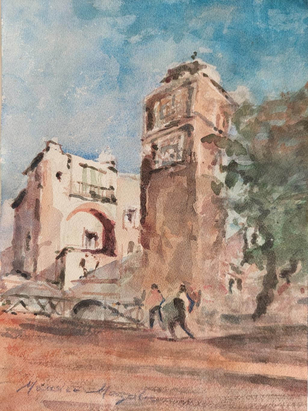 Figures in Parisian Cityscape
by Maurice Mazeilie (French, 1924-2021).
watercolor painting on artist paper, unframed
signed to the front lower left
stamped verso.

painting measures: 17.75 inches x 13 inches.

A delightful original painting by the