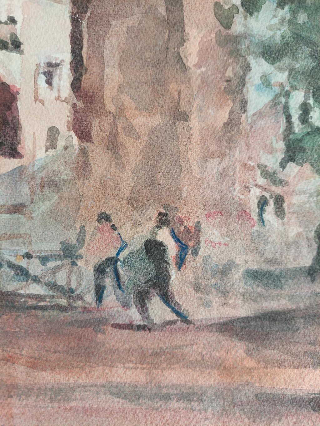 French, Modernist Cubist Painting Figures in Parisian Cityscape For Sale 3