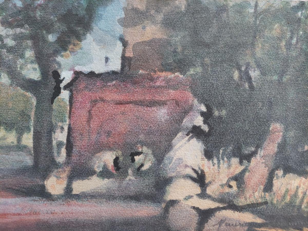 Figures in the shade of trees
by Maurice Mazeilie (French, 1924-2021)
watercolor painting on artist paper, unframed
signed lower right and lower left
stamped verso
A robust image of figures crouching to work under the shade of trees and a building.