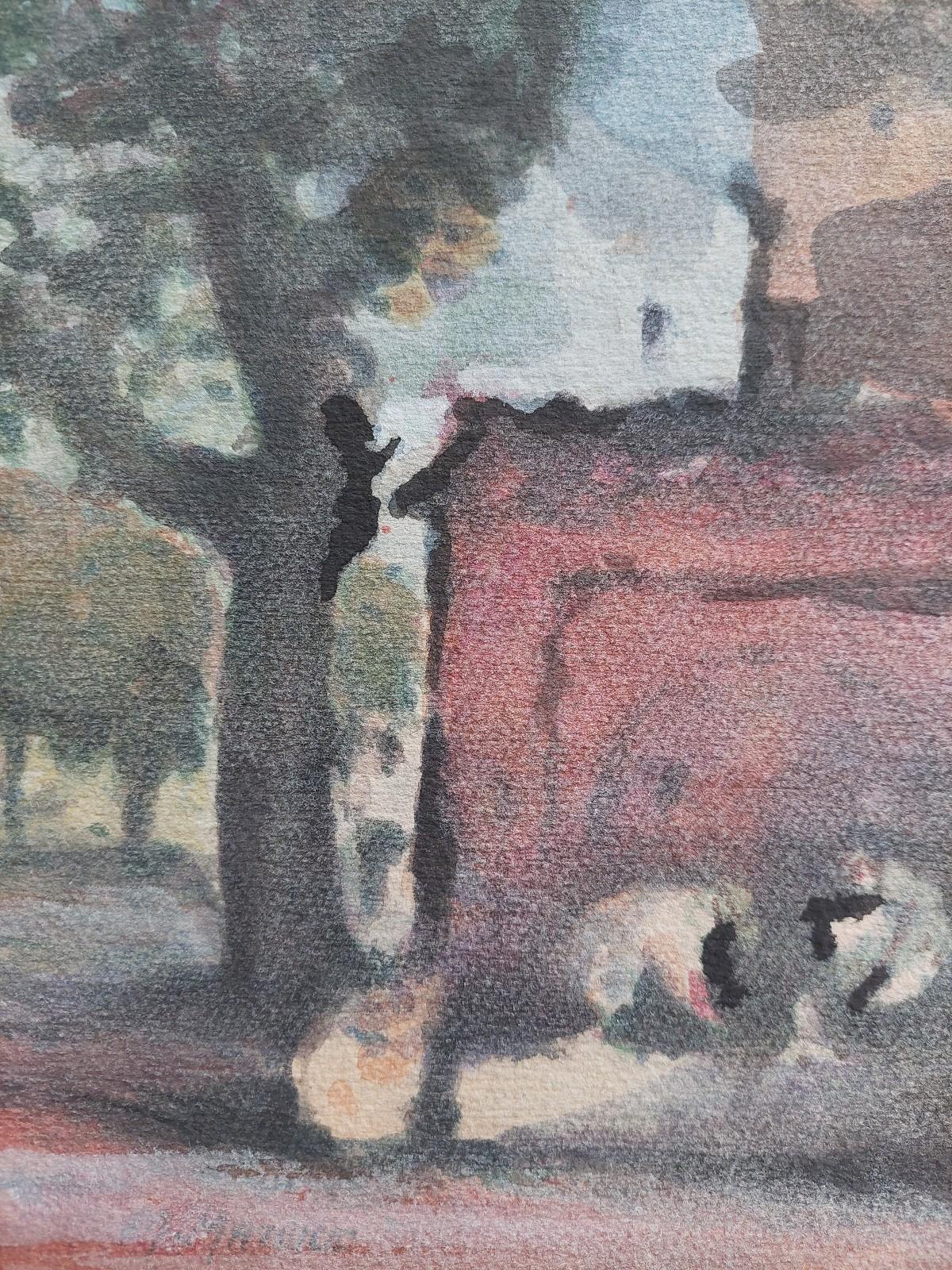 French Modernist Cubist Painting Figures in the Shade of Trees For Sale 3