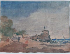 French Modernist Cubist Painting Fishing Boats by Coastal Fortification