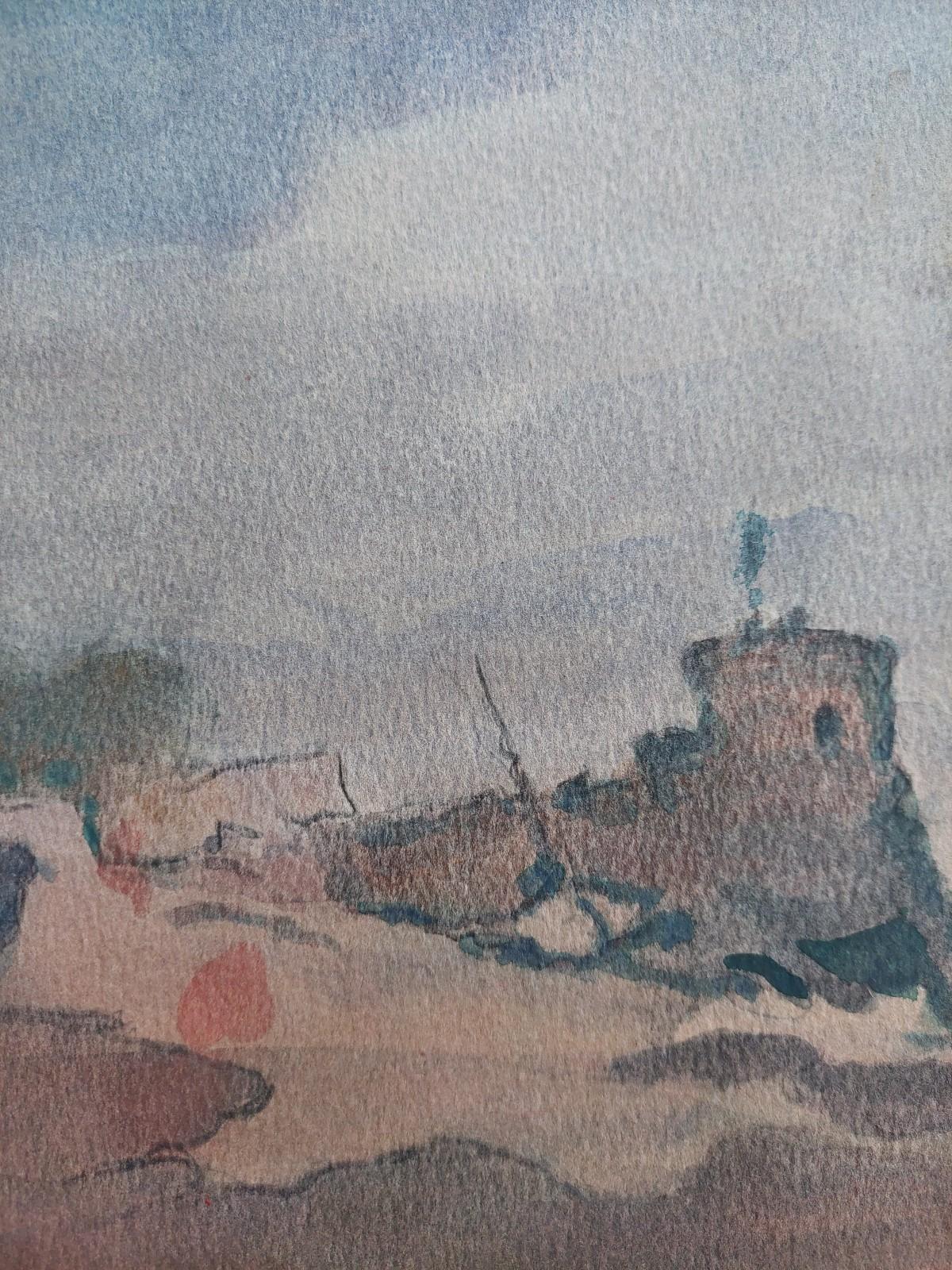 Fishing boats by Coastal Fortification
by Maurice Mazeilie (French, 1924-2021)
watercolor painting on artist paper, unframed
unsigned
stamped verso
Gentle composition of a coastal scene in Northern France. 

painting: 14.75 inches x 10.9 inches

A