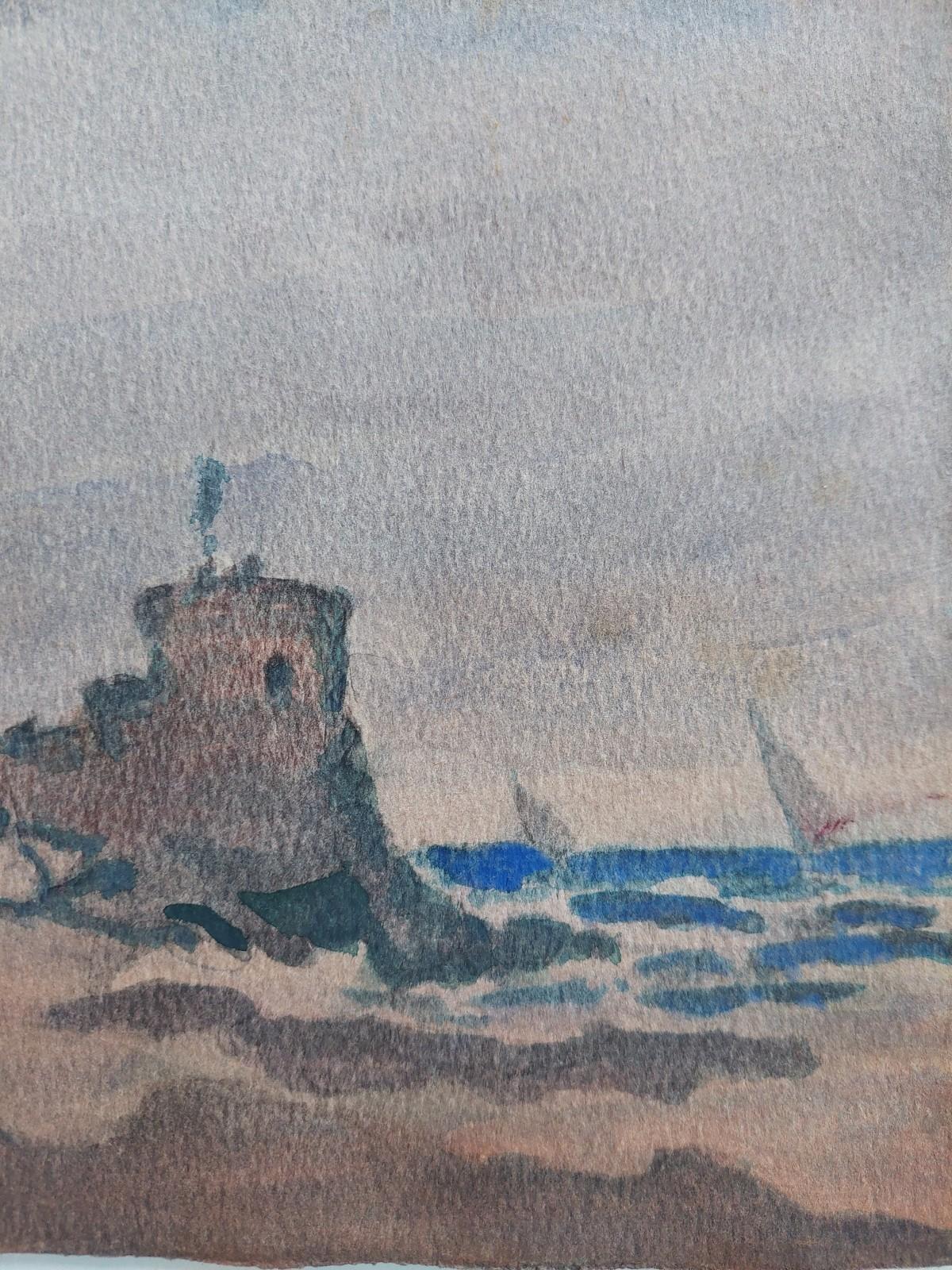 French Modernist Cubist Painting Fishing Boats by Coastal Fortification For Sale 1