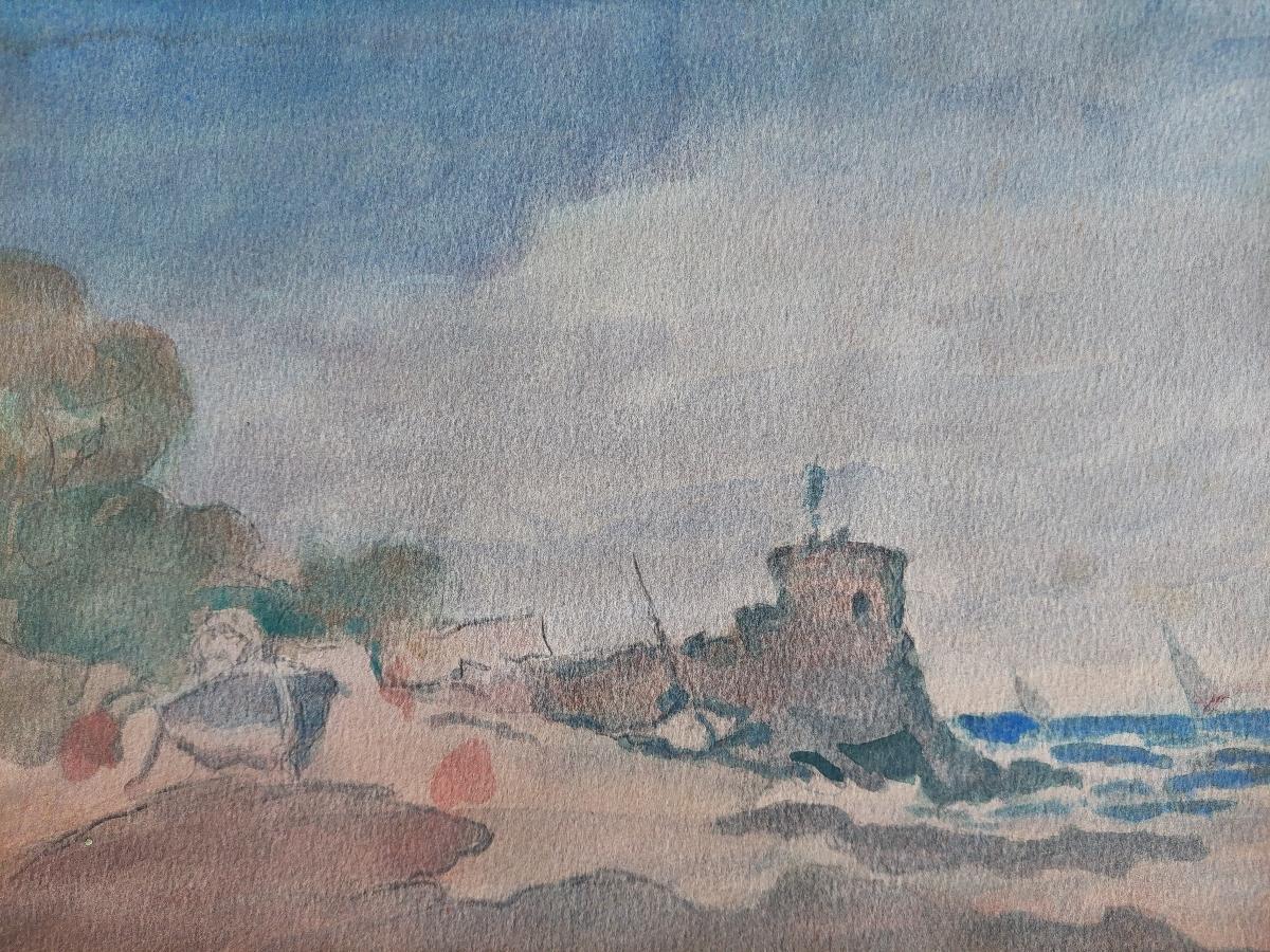 French Modernist Cubist Painting Fishing Boats by Coastal Fortification For Sale 3