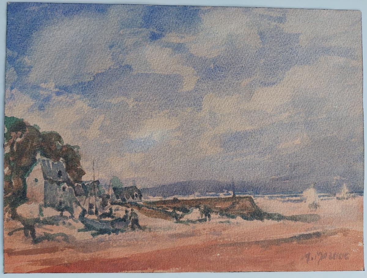 French Modernist Cubist Painting Fishing Boats on the Coast - Gray Landscape Painting by Unknown