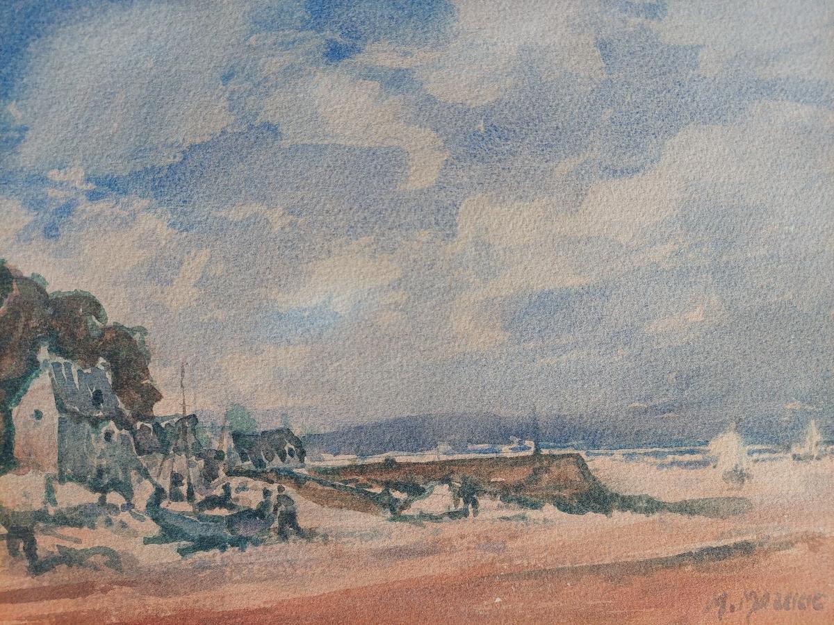 Fishing boats by the Coast
by Maurice Mazeilie (French, 1924-2021)
watercolor painting on artist paper, unframed
signed lower right
stamped verso
Appealing painting in slightly overall blush tones, depicting a fishing boat and figures on the beach,