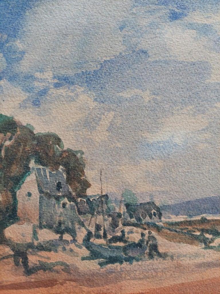 French Modernist Cubist Painting Fishing Boats on the Coast For Sale 1