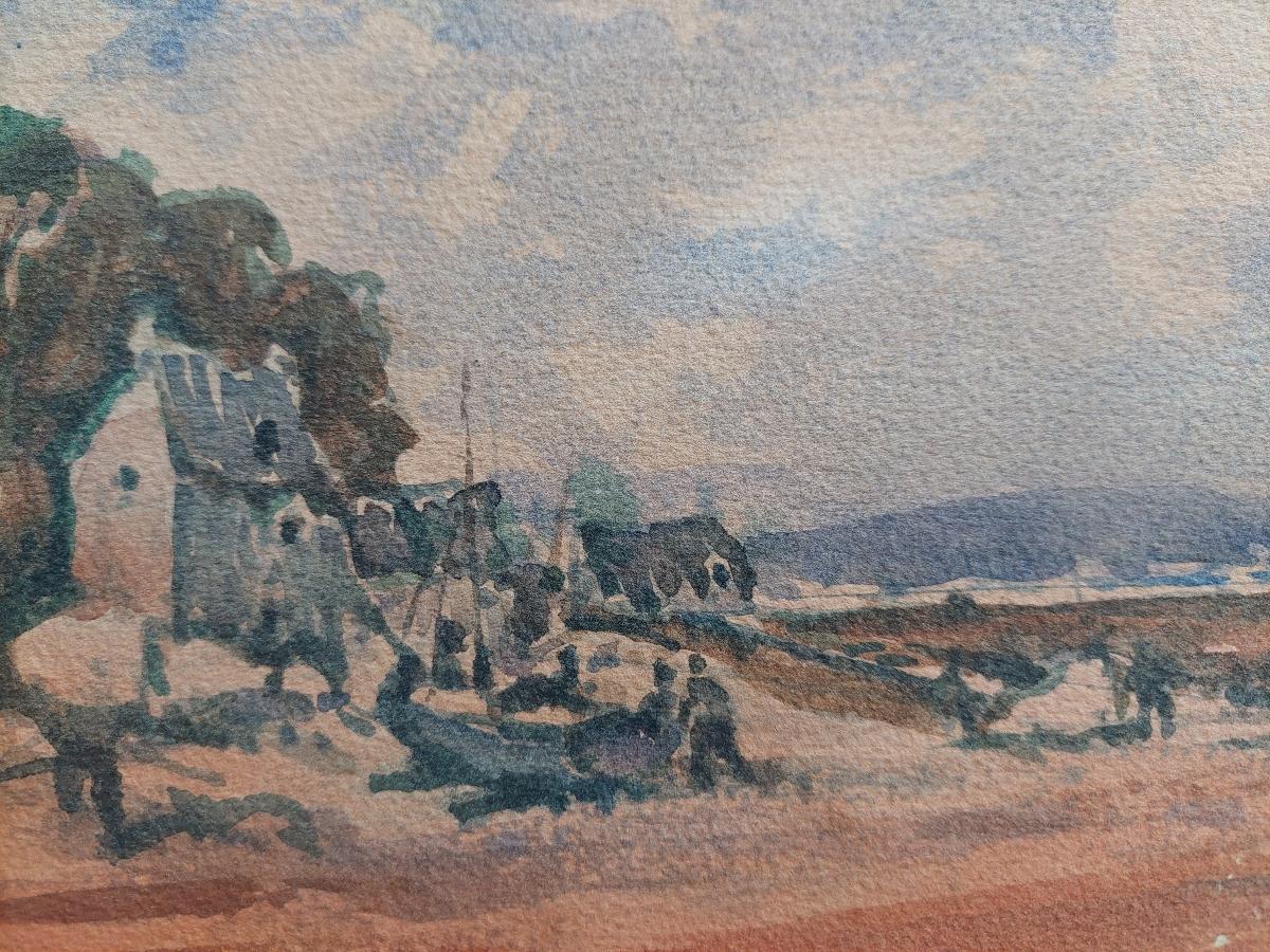 French Modernist Cubist Painting Fishing Boats on the Coast For Sale 5