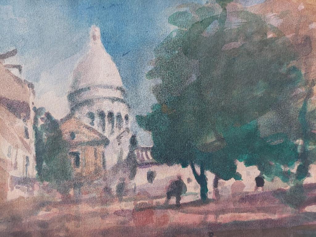 Sacre Coeur, Montmartre, Paris
by Maurice Mazeilie (French, 1924-2021)
watercolor painting on artist paper, unframed
unsigned
stamped verso
A boldly painted view with a tree in full summer foliage

painting: 12 inches x 9 inches

A delightful