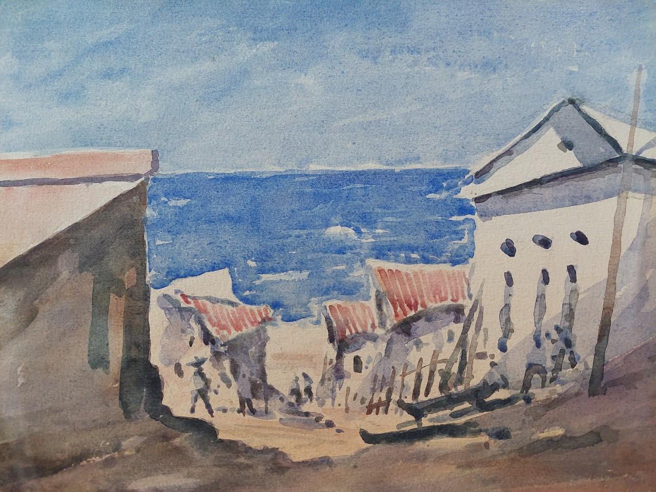 Path to the Beach
by Maurice Mazeilie (French, 1924-2021)
watercolor painting on artist paper, unframed
unsigned
stamped verso
A glorious summer scene of red roofed cottages lining a steep path down to the beach, with figures making their way to the