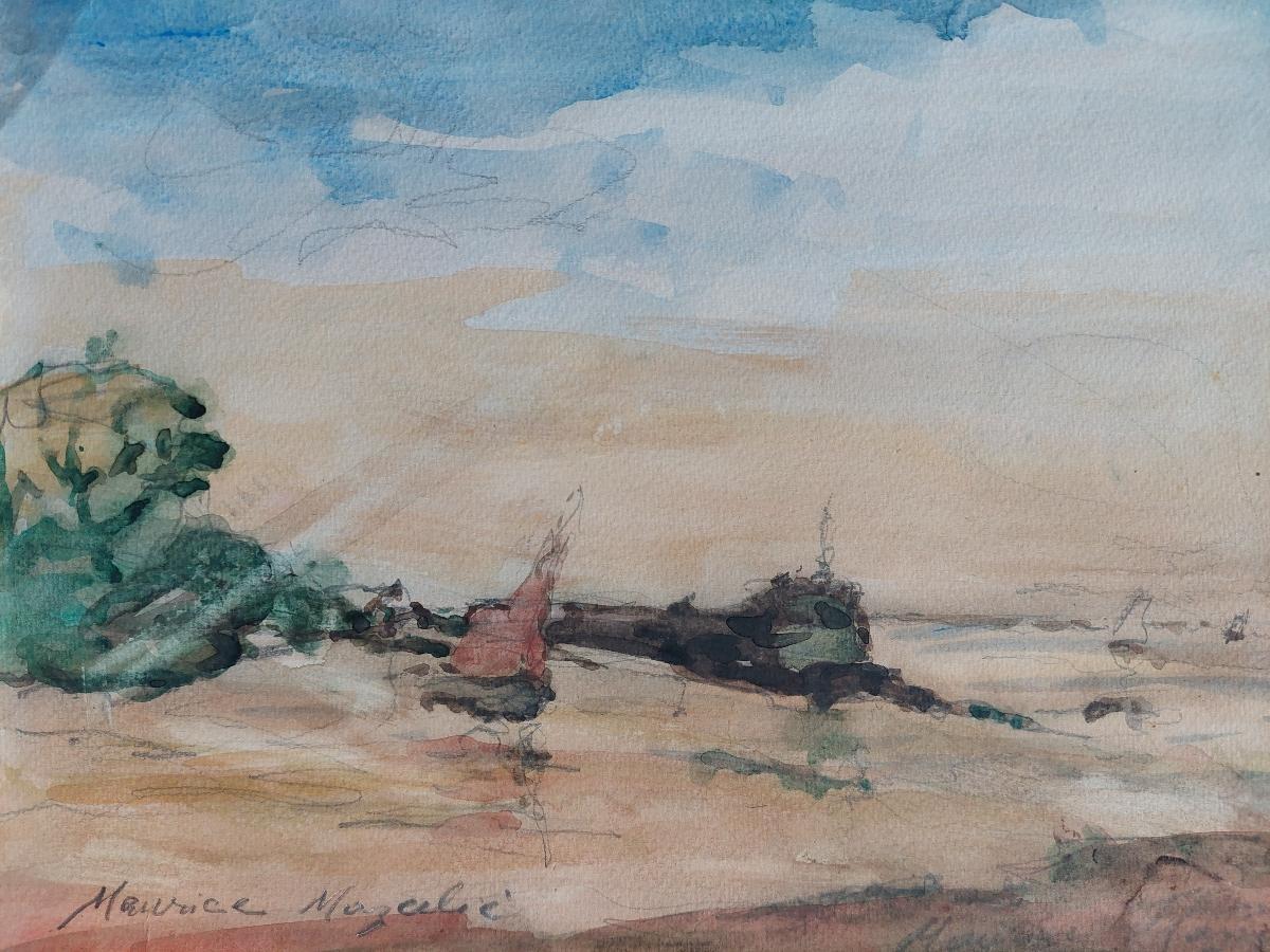 Red sail boat pulled up on the beach
by Maurice Mazeilie (French, 1924-2021)
watercolor painting on artist paper, unframed
signed lower left
stamped verso
A looser composition to much of this artist's work, but aesthetically very pleasing to the