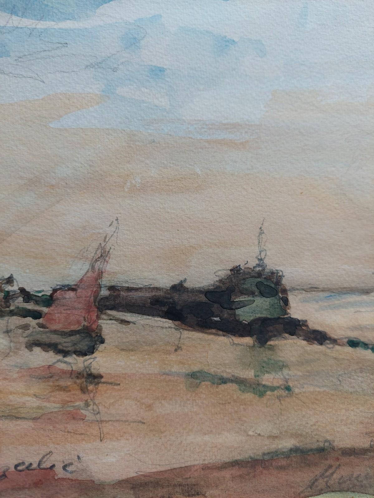 French Modernist Cubist Painting Red Sail on the Beach For Sale 2