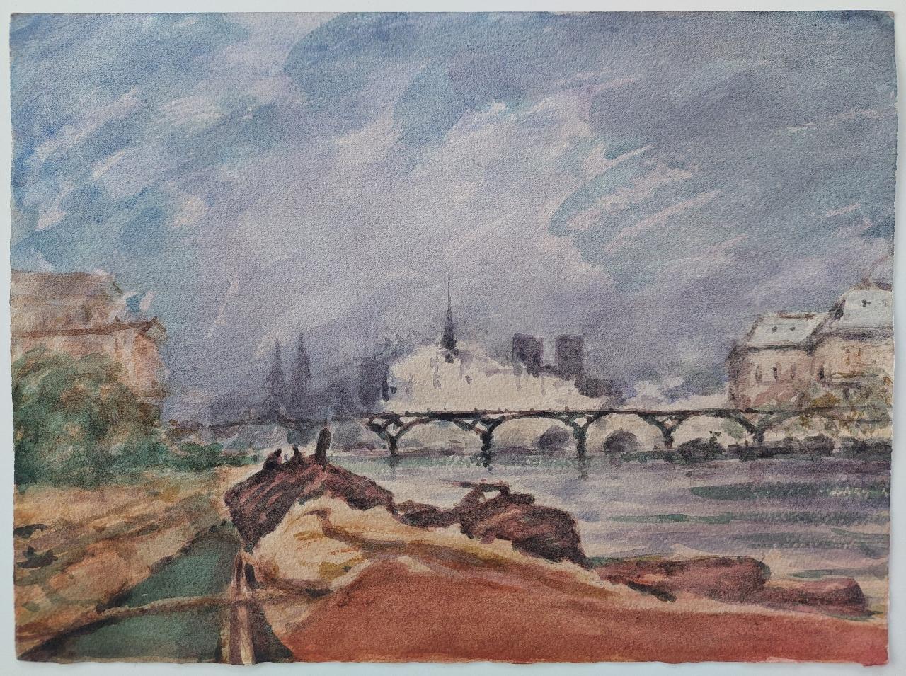 French Modernist Cubist Painting River Seine Paris - Gray Landscape Painting by Unknown