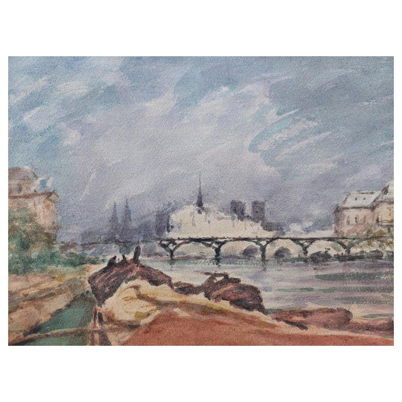 Unknown Landscape Painting - French Modernist Cubist Painting River Seine Paris