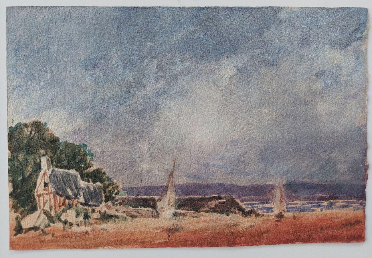 French Modernist Cubist Painting Sailboats on the Coast - Gray Landscape Painting by Unknown