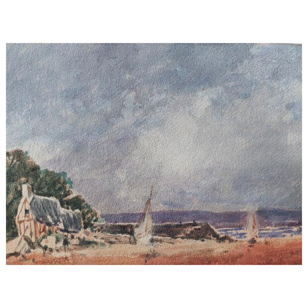 Unknown Landscape Painting - French Modernist Cubist Painting Sailboats on the Coast