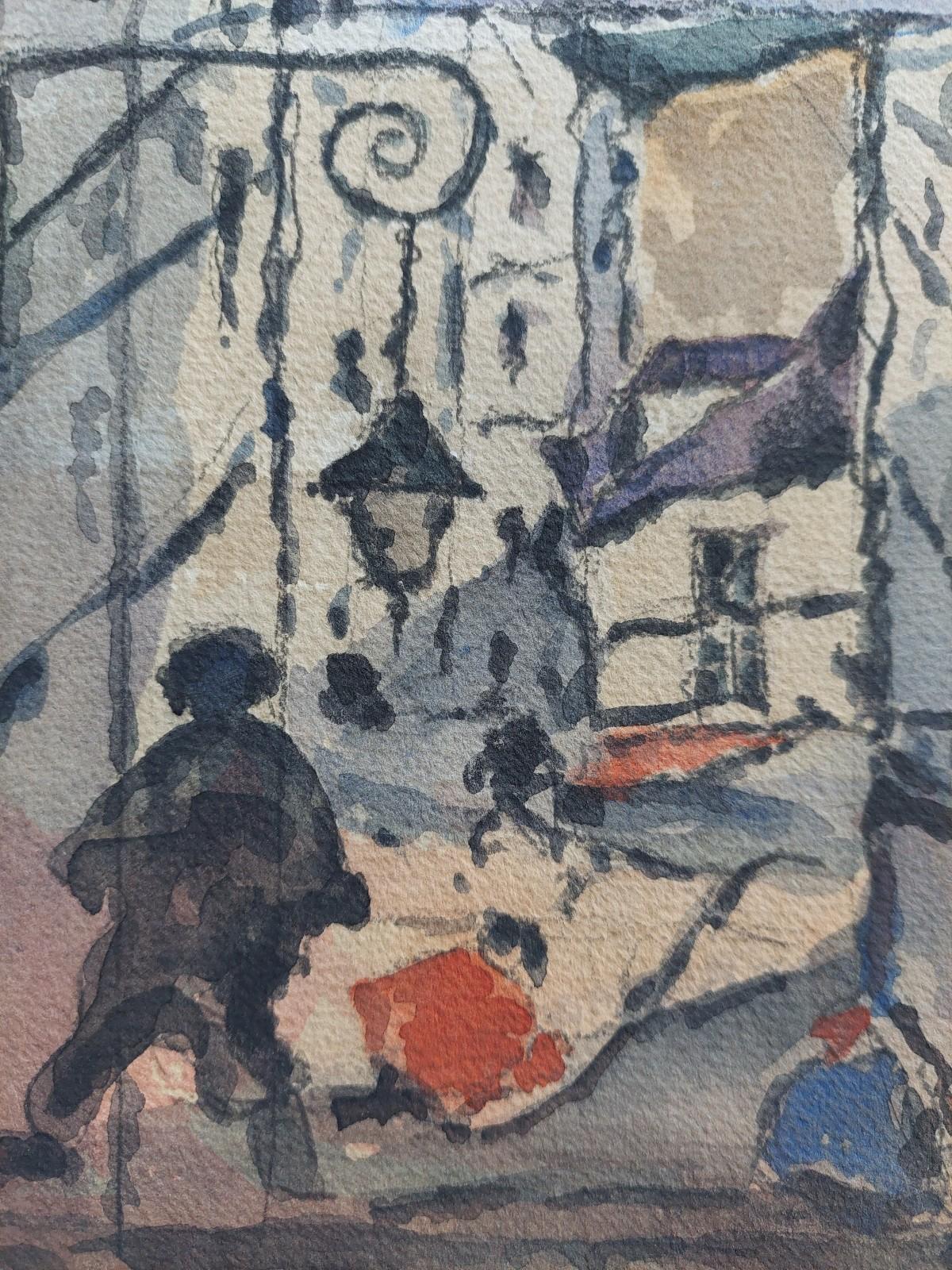 Steps Into The Townes, steile Steinstufen führen die Figuren zwischen den Gebäuden der Stadt hinunter.
von Maurice Mazeilie (Französisch, 1924-2021)
Aquarellmalerei auf Künstlerpapier, ungerahmt
auf der Vorderseite unsigniert, verso signiert
verso