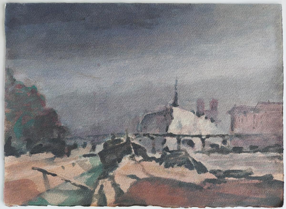 French Modernist Cubist Painting Storm Approaching Paris - Gray Landscape Painting by Unknown