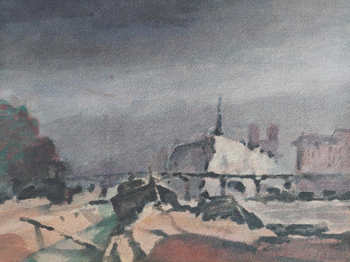 Steps Into The Town, steep stone steps lead figures down amongst town buildings.
by Maurice Mazeilie (French, 1924-2021)
watercolor painting on artist paper, unframed
unsigned to the front but signed verso
stamped verso
A strong image of the River