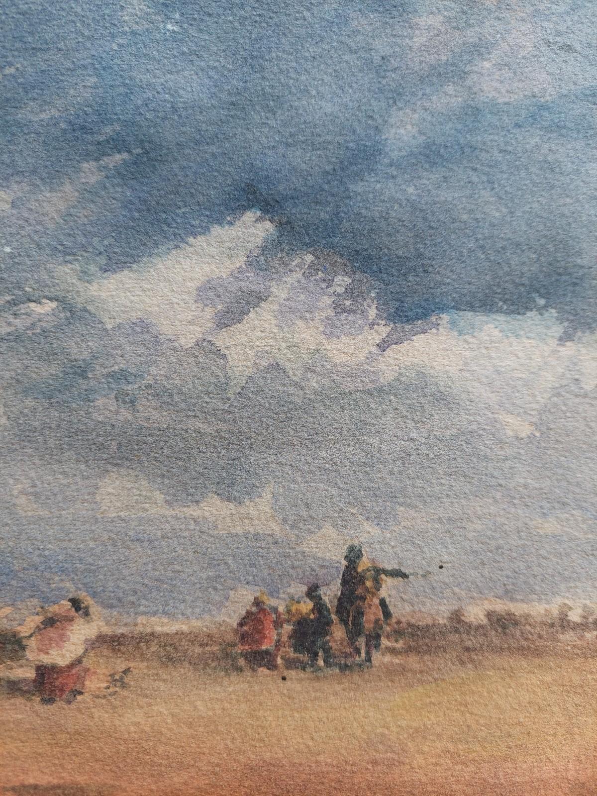 Travellers on a path
by Maurice Mazeilie (French, 1924-2021)
watercolor painting on artist paper, unframed
unsigned
stamped verso
Easy on the eye painting of figures on a path, a signpost is seen to the right of the image. 

painting: 12 inches x
