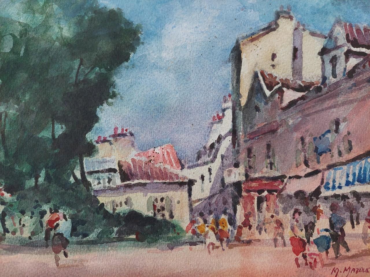 Vibrant street scene
by Maurice Mazeilie (French, 1924-2021)
watercolor painting on artist paper, unframed
signed lower right
stamped verso
A robustly coloured and lively scene of a busy shopping street. This is a view we have seen a few versions of