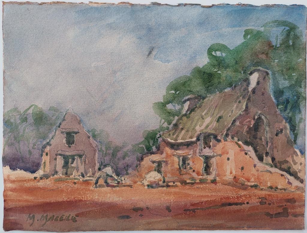 French Modernist Cubist Painting Village Work - Gray Landscape Painting by Unknown