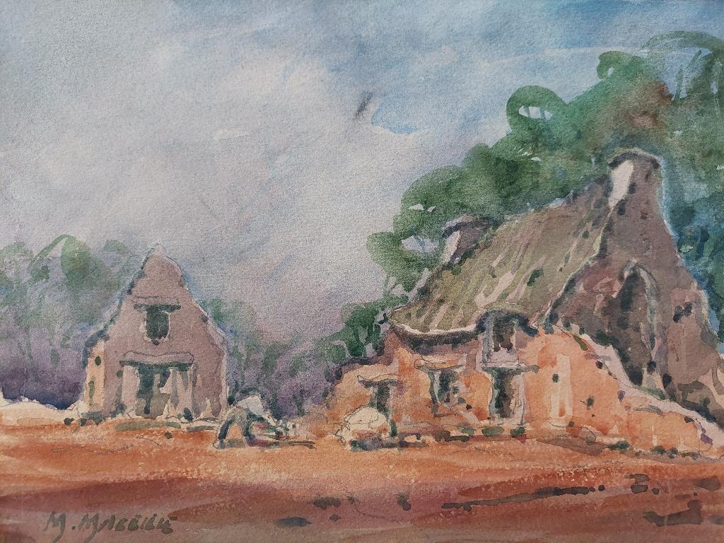 Village work
by Maurice Mazeilie (French, 1924-2021)
watercolor painting on artist paper, unframed
signed lower left
stamped verso
A figure works on the land by traditional village buildings

painting: 14.75 inches x 10.75 inches

A delightful