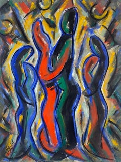  French Modernist Gouache Painting Multi-Color Figures Embracing One Another