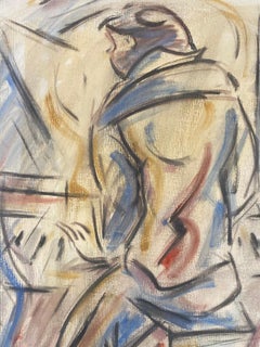 Französisches modernistisches Gouache-Gemälde, Mehrfarbige Szene eines Mannes, der Klavier spielt