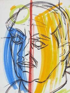 Quadro a guazzo modernista francese Arancione e blu Ritratto di uomo disegno