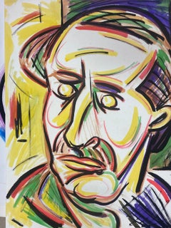 French Modernist Gouache Painting Portrait Of Elder Male With Vibrant Colors
