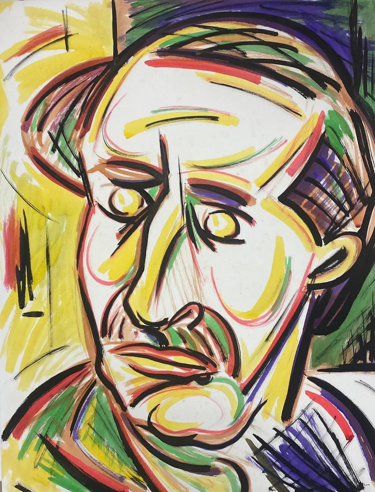  French Modernist Gouache Painting Portrait Of Elder Male With Vibrant Colors 