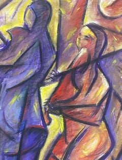 French Modernist Gouache Painting Wacky Colors Two Musicians On Violins