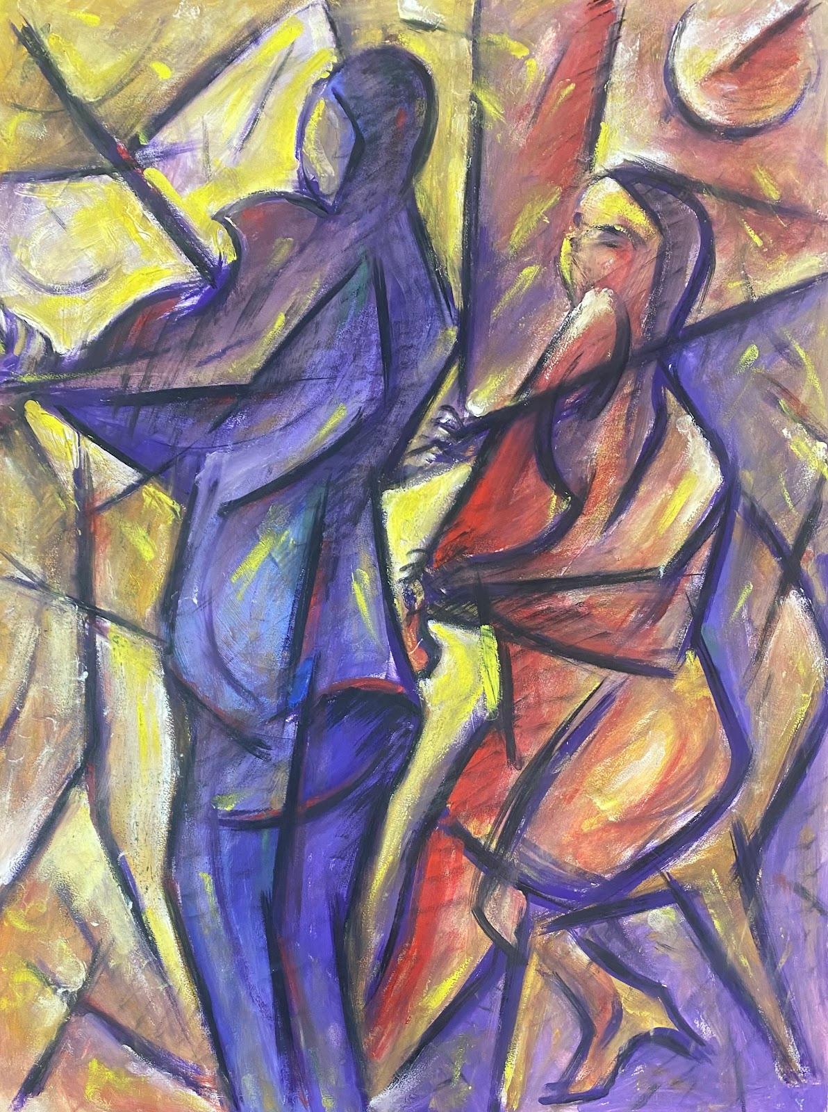 Unknown Figurative Painting -  French Modernist Gouache Painting Wacky Colors Two Musicians On Violins