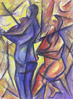  French Modernist Gouache Painting Wacky Colors Two Musicians On Violins