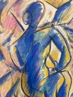 Quadro modernista francese Blu e rosa Astratto di musicista d'archi