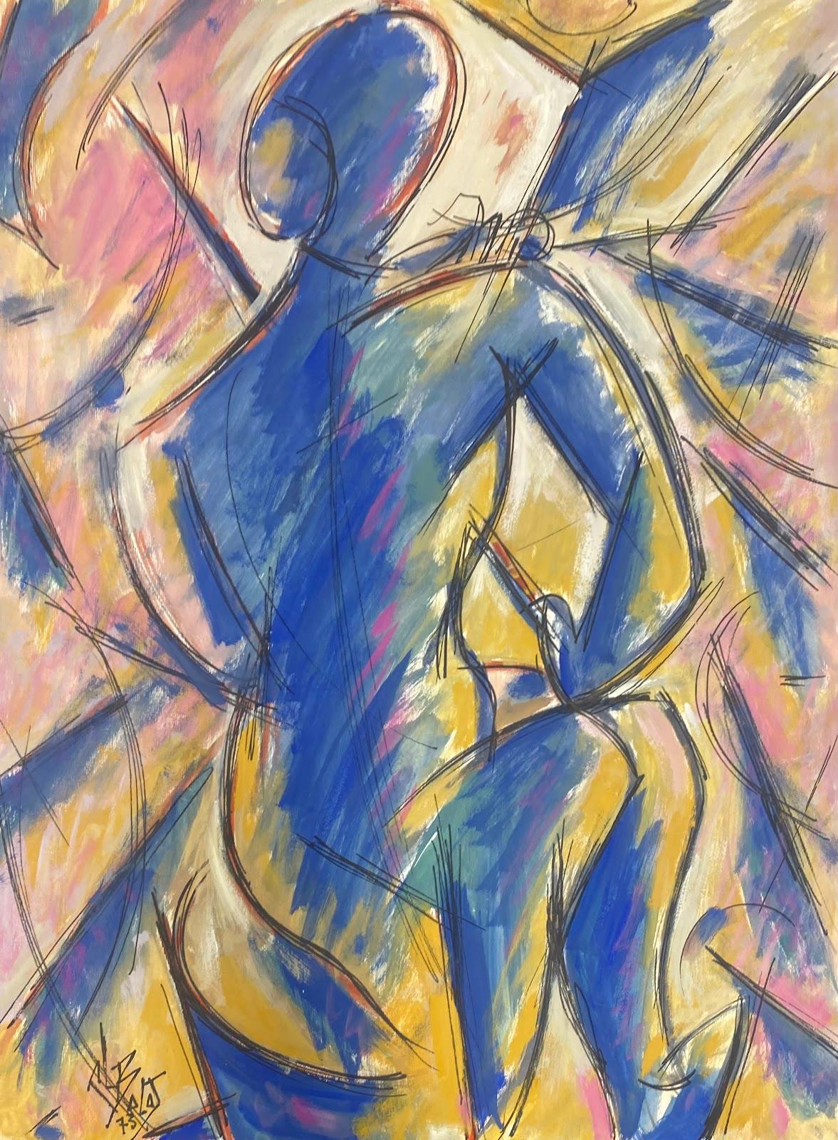 Unknown Figurative Painting -  French Modernist Painting Blue And Pink Abstract Of String Musician  