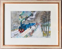French naive cityscape gouache painting - Figurative - Paris Train snow winter