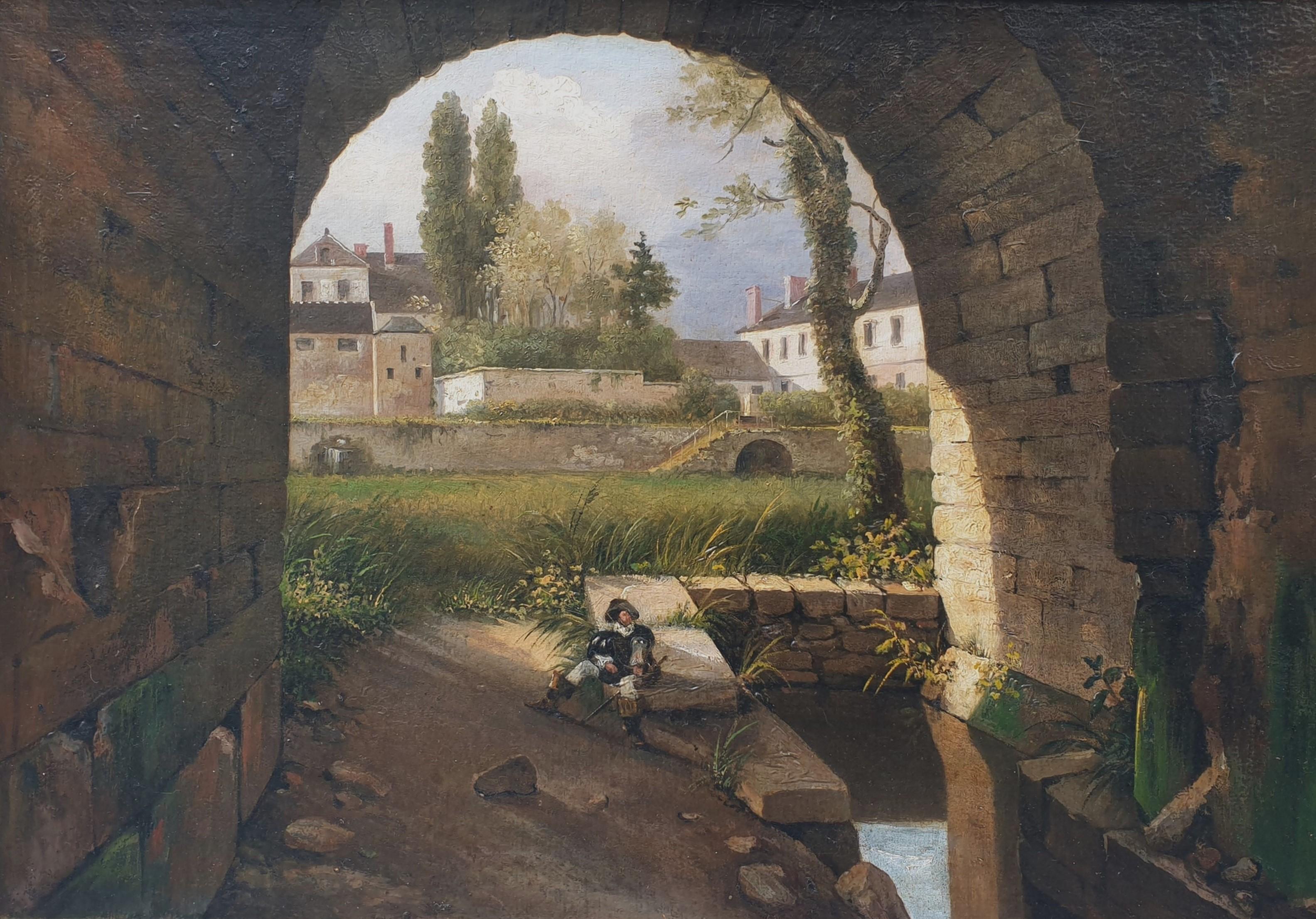 French neoclassical school 19th landscape near Fontainebleau Avon musketeer - Painting by Unknown