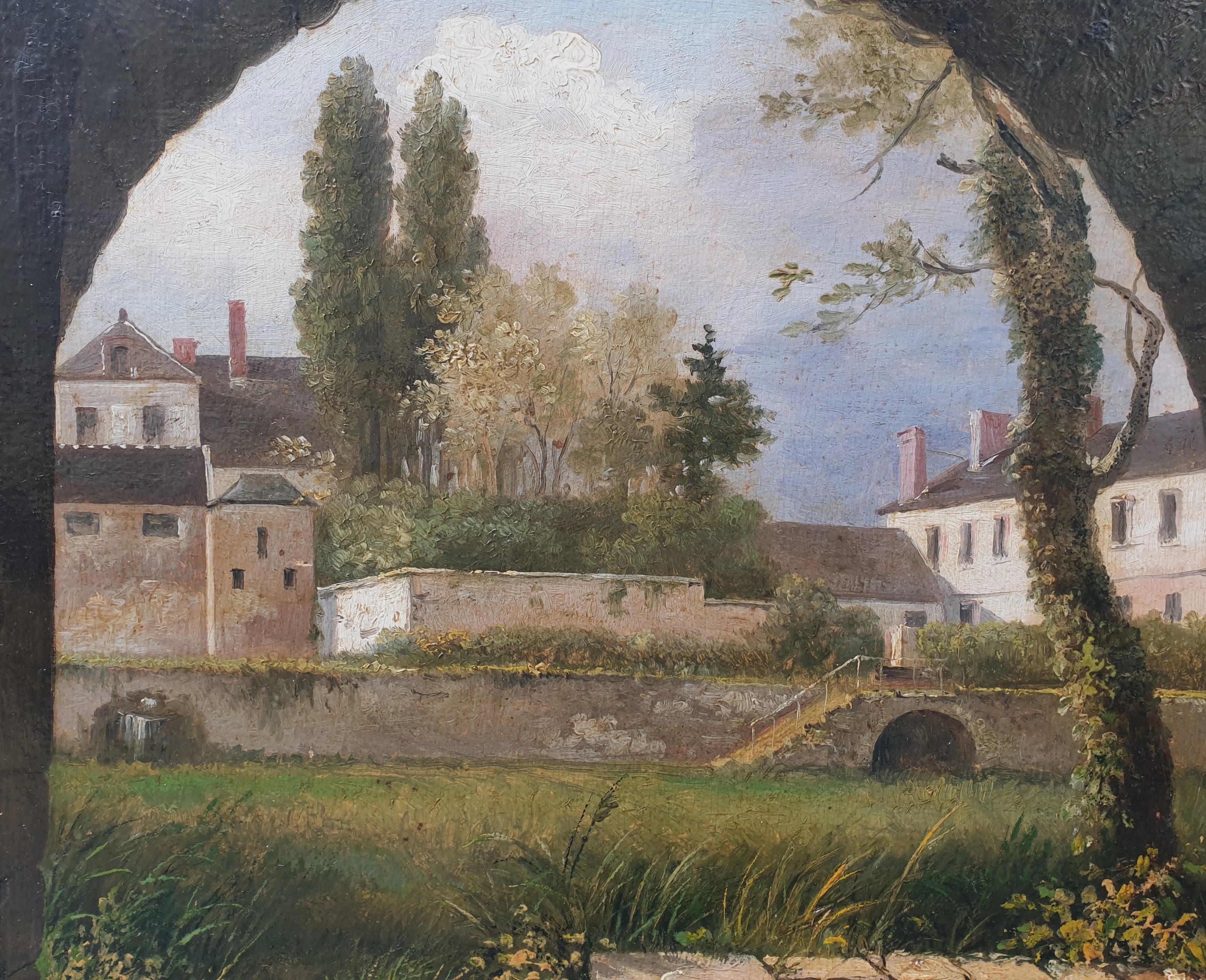 French neoclassical school 19th landscape near Fontainebleau Avon musketeer - French School Painting by Unknown